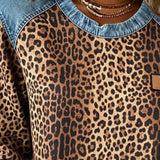Leopardenmuster Denim Patchwork Pullover