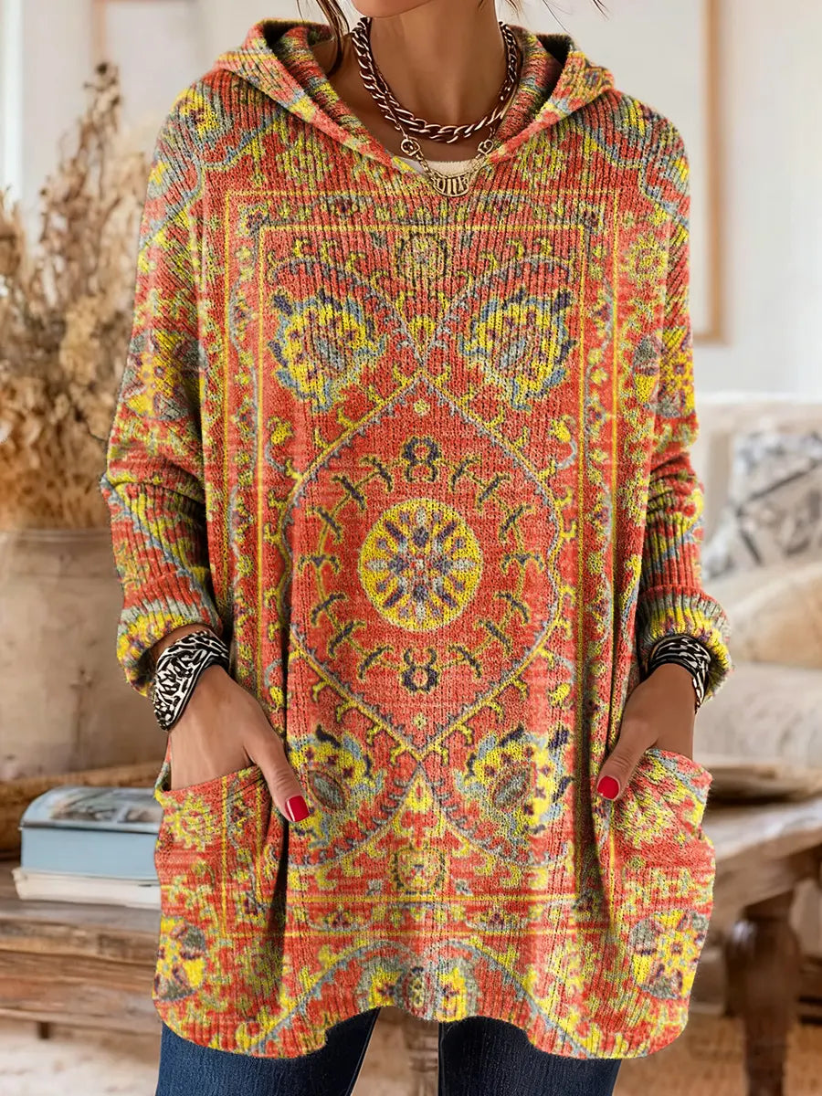 Vintage-inspirierte Kapuzenstrick-Tunika mit Taschen und ethnischem Druck