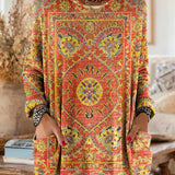 Vintage-inspirierte Kapuzenstrick-Tunika mit Taschen und ethnischem Druck
