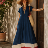 Damen Maxikleid mit V-Ausschnitt und kurzen Ärmeln