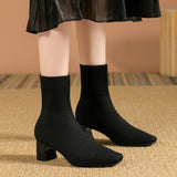 Kindra | Damen Strick-Stiefelette mit Blockabsatz und eckiger Zehenform