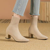 Kindra | Damen Strick-Stiefelette mit Blockabsatz und eckiger Zehenform