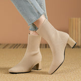 Kindra | Damen Strick-Stiefelette mit Blockabsatz und eckiger Zehenform