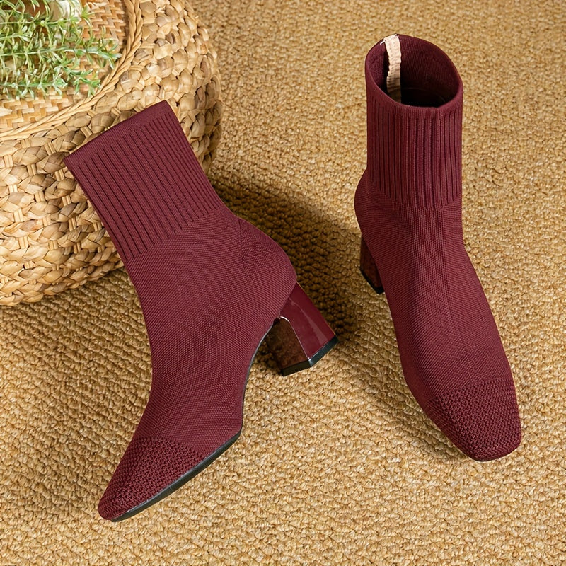 Kindra | Damen Strick-Stiefelette mit Blockabsatz und eckiger Zehenform