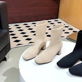 Kindra | Damen Strick-Stiefelette mit Blockabsatz und eckiger Zehenform