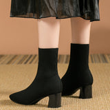 Kindra | Damen Strick-Stiefelette mit Blockabsatz und eckiger Zehenform