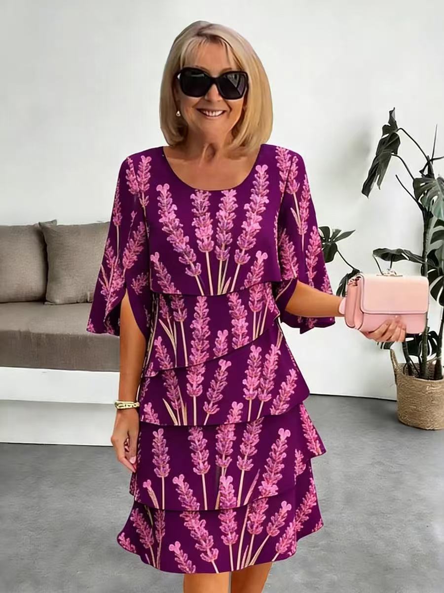 Elyvane™ - Damen Floral Rüschenkleid mit mittellangen und geschlitzten Ärmeln