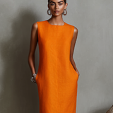 Orangefarbenes Etuikleid für Damen mit ärmellosem Rundhalsausschnitt und Seitentaschen, zeitlos minimalistisch-eleganter Stil