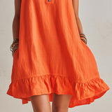 Helles Orange Leinen Halb-Reißverschluss Mini-Kleid mit Rüschensaum und Stehkragen