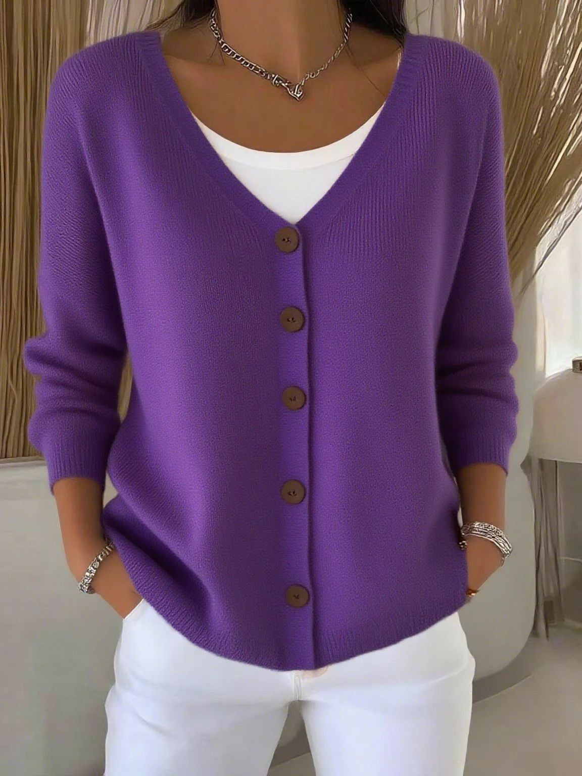 Olivia™ - Langarm V-Ausschnitt Knopf Pullover