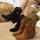 Calla | Damen Westernstiefel mit weitem Schaft, Fransen und Nieten