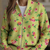 Constance | Damen Strickjacke mit Blumenmuster und Reißverschluss