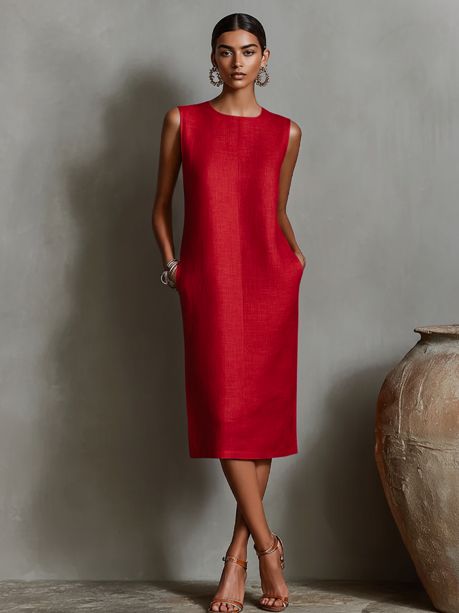 Orangefarbenes Etuikleid für Damen mit ärmellosem Rundhalsausschnitt und Seitentaschen, zeitlos minimalistisch-eleganter Stil