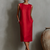 Orangefarbenes Etuikleid für Damen mit ärmellosem Rundhalsausschnitt und Seitentaschen, zeitlos minimalistisch-eleganter Stil