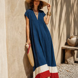 Damen Maxikleid mit V-Ausschnitt und kurzen Ärmeln