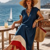 Damen Maxikleid mit V-Ausschnitt und kurzen Ärmeln