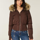Damen Cropped Langarm Pufferjacke mit Kapuze
