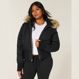 Damen Cropped Langarm Pufferjacke mit Kapuze