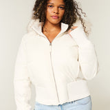 Damen Cropped Langarm Pufferjacke mit Kapuze