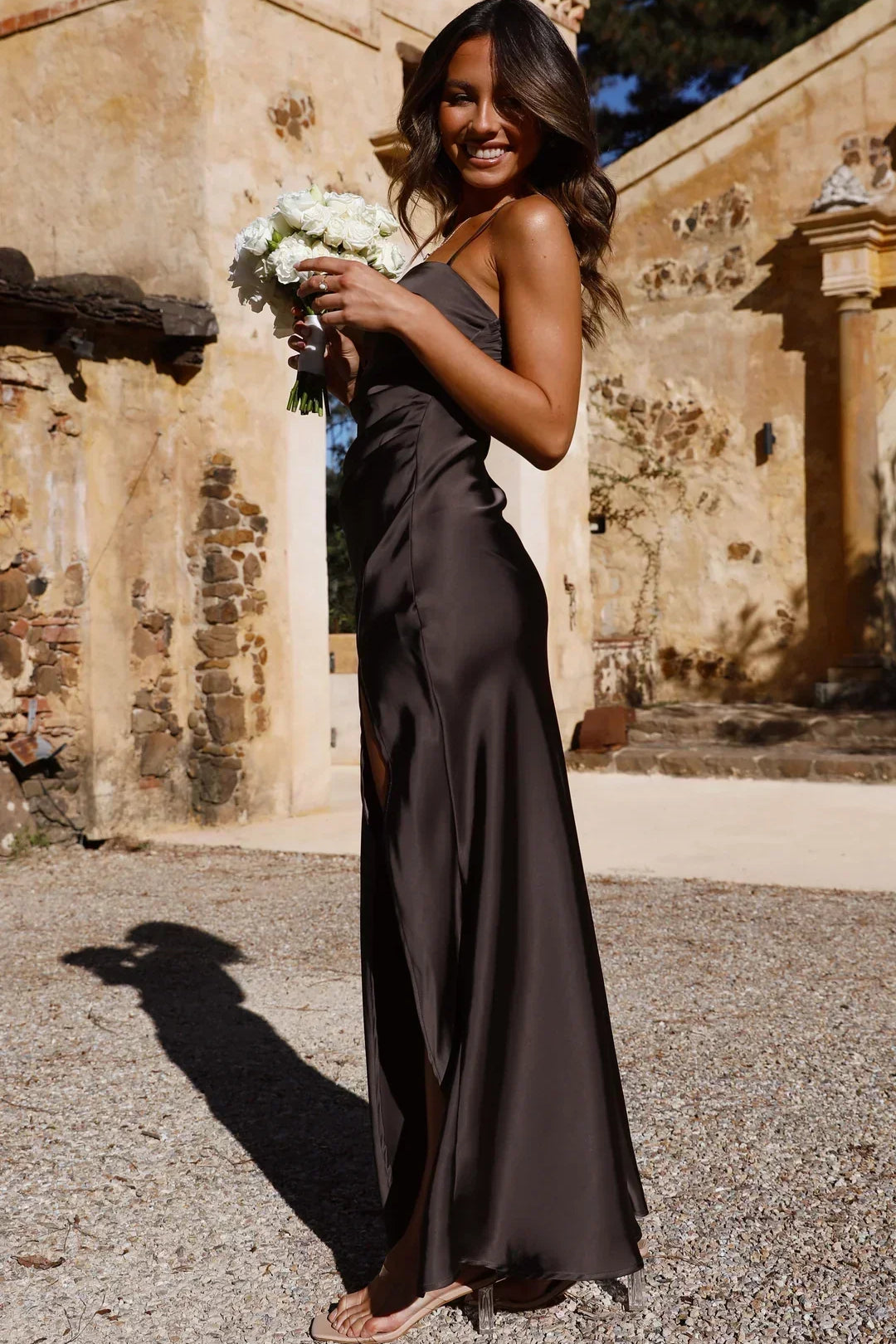 Damen Maxikleid mit quadratischem Ausschnitt und seitlichem Schlitz