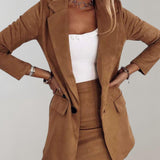 Damen Blazer mit Reverskragen und Minirock-Set mit Taschen und Knöpfen