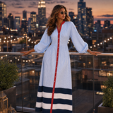 Damen Midi-Kleid mit Stehkragen, langen Ärmeln und Streifen mit Knöpfen