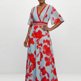 Corinne | V-Ausschnitt Kurzarm Blumenmaxikleid