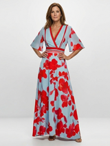 Corinne | V-Ausschnitt Kurzarm Blumenmaxikleid