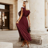 Elena™ Dunkelrotes Boho Festkleid mit V-Ausschnitt
