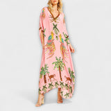 Linda - Wunderschönes Kleid mit asymmetrischen Schultern und tropischem Kokosnussbaum-Print