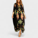 Linda - Wunderschönes Kleid mit asymmetrischen Schultern und tropischem Kokosnussbaum-Print