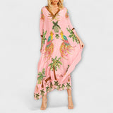 Linda - Wunderschönes Kleid mit asymmetrischen Schultern und tropischem Kokosnussbaum-Print