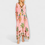 Linda - Wunderschönes Kleid mit asymmetrischen Schultern und tropischem Kokosnussbaum-Print