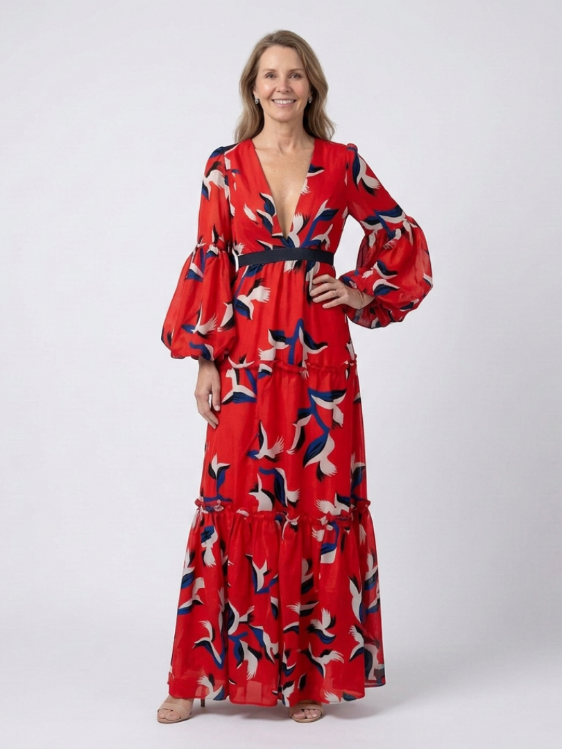 Isolde | V-Ausschnitt Bindegürtel Langarm Maxikleid