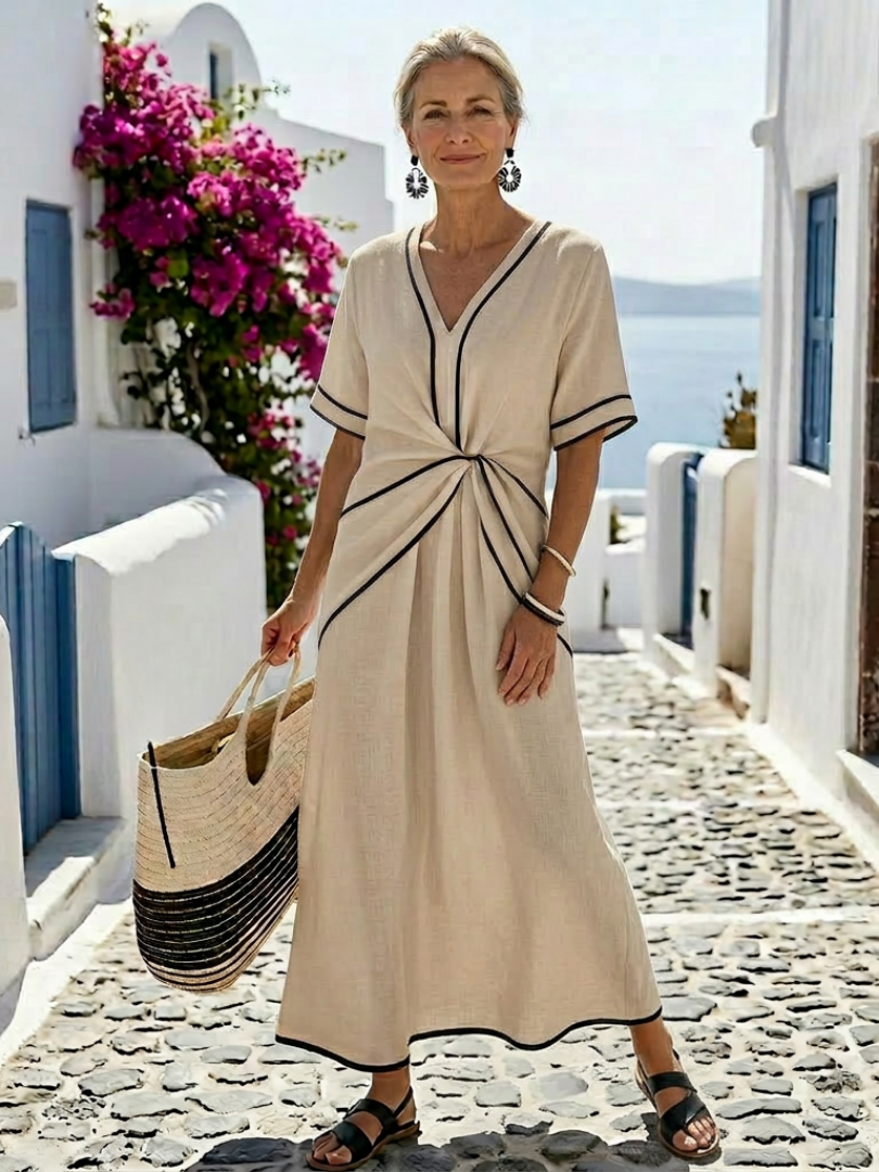 Linnea | V-Ausschnitt Kurzarm Geraffte Taille Midi Kleid