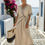 Linnea | V-Ausschnitt Kurzarm Geraffte Taille Midi Kleid