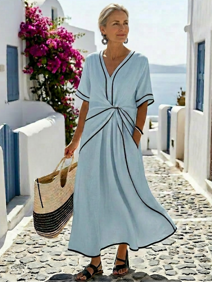 Linnea | V-Ausschnitt Kurzarm Geraffte Taille Midi Kleid
