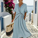 Linnea | V-Ausschnitt Kurzarm Geraffte Taille Midi Kleid