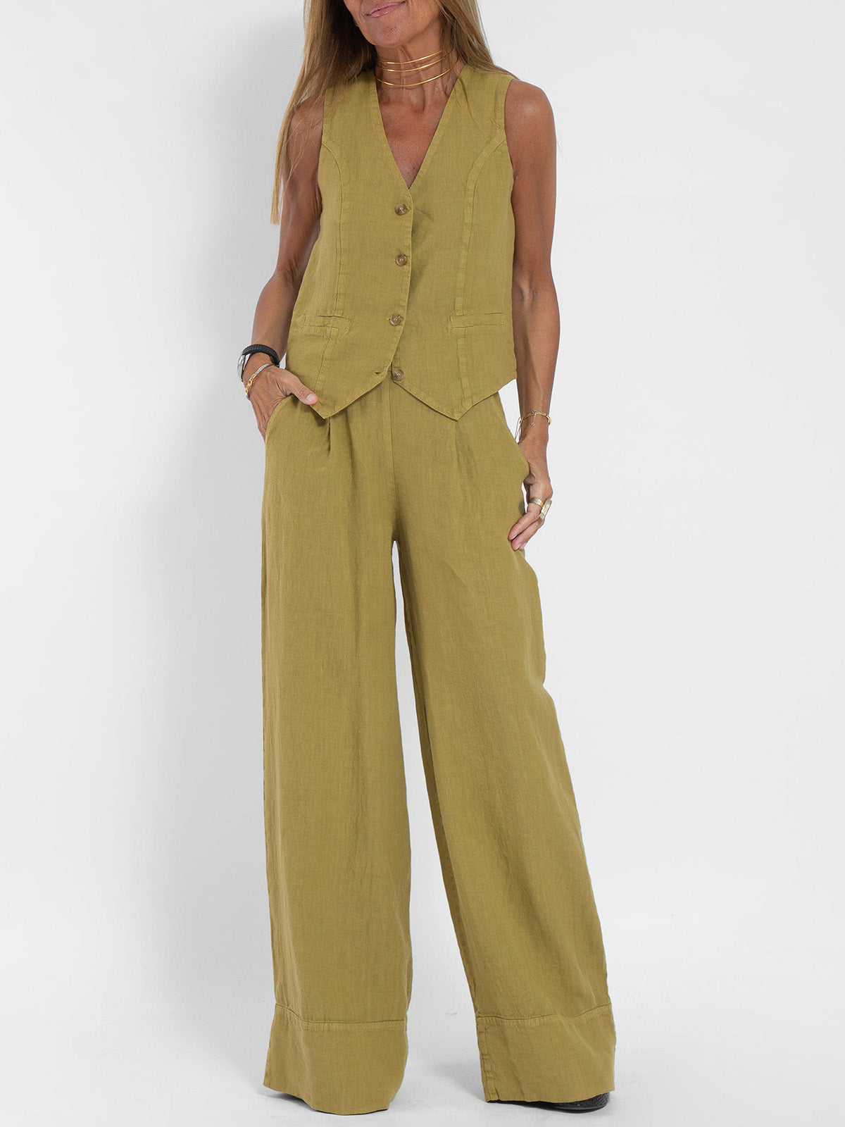 Aira - Geknöpfter Weste & Weite Hose Set