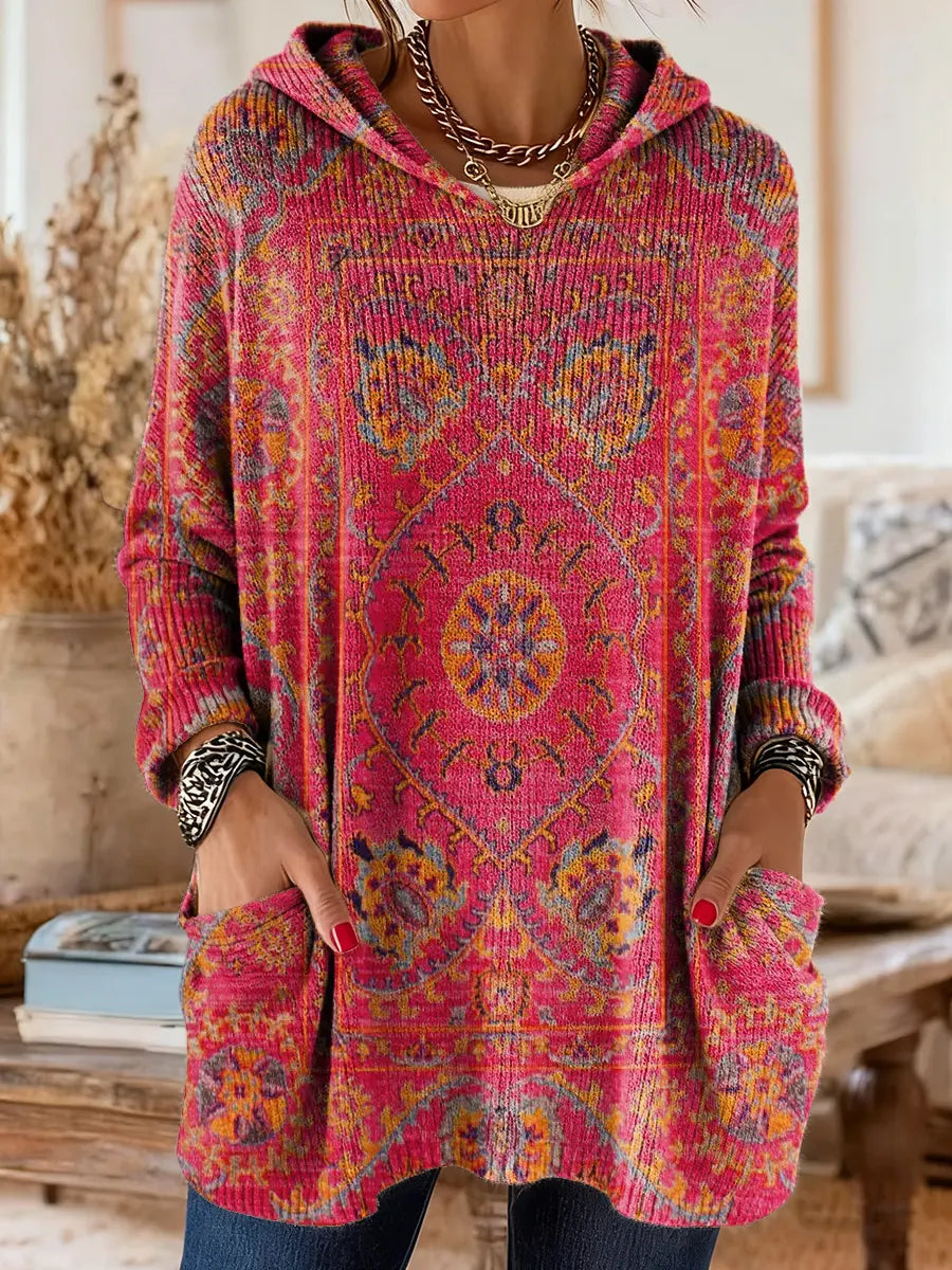 Vintage-inspirierte Kapuzenstrick-Tunika mit Taschen und ethnischem Druck