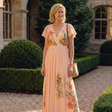 Calista | V-Ausschnitt Kurzarm Falten Maxi Kleid