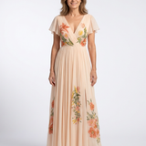 Calista | V-Ausschnitt Kurzarm Falten Maxi Kleid