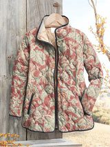 Damen Vintage Blumenmuster Druck Casual Steppjacke