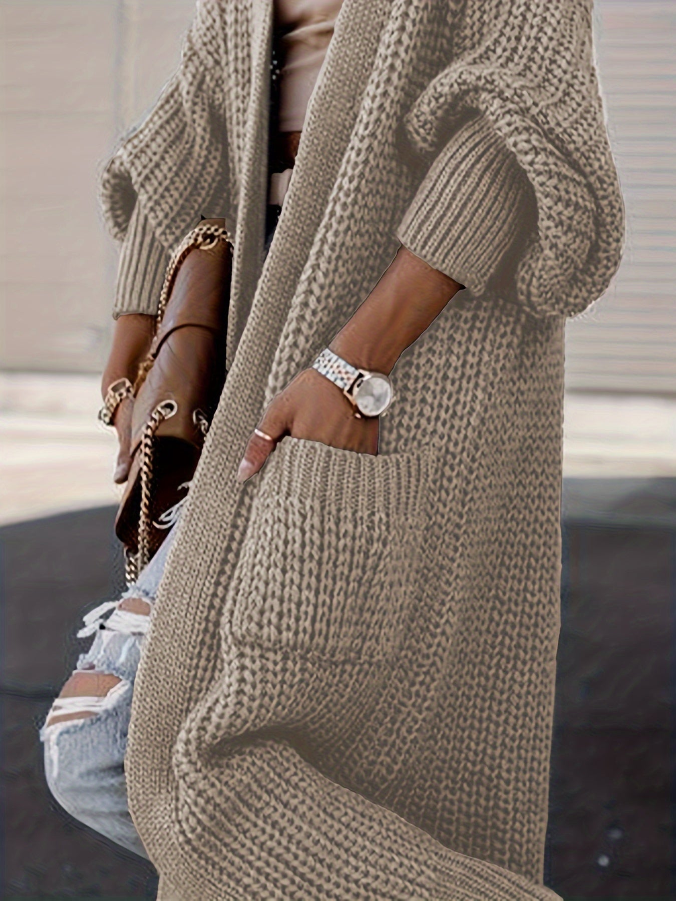 Damen Maxi Cardigan mit langen Ärmeln und Taschen