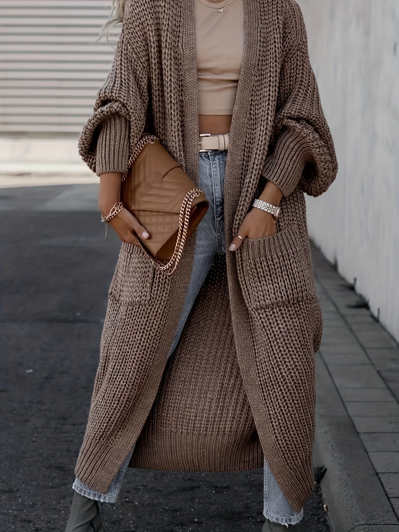 Damen Maxi Cardigan mit langen Ärmeln und Taschen