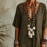 Damen V-Ausschnitt Maxikleid mit Leopardenmuster