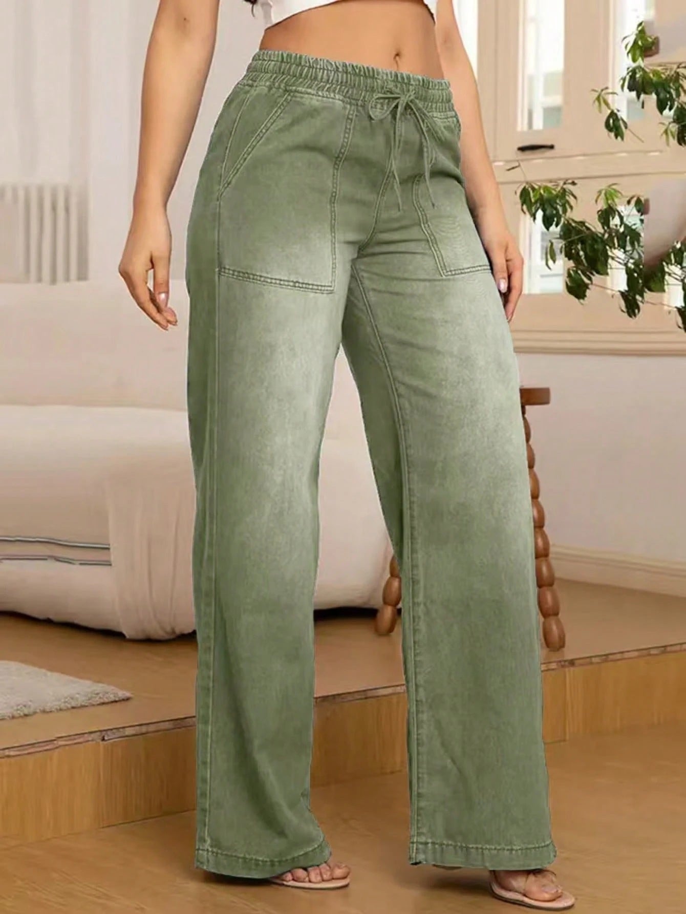 Verstellbare Kordelzug Taille Weite Bein Jeans für Frauen