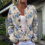 Heike | Crème kleurige cardigan met blauwe bloemen