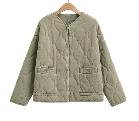 Damen Cropped Steppjacke mit Taschen und Bindegürtel