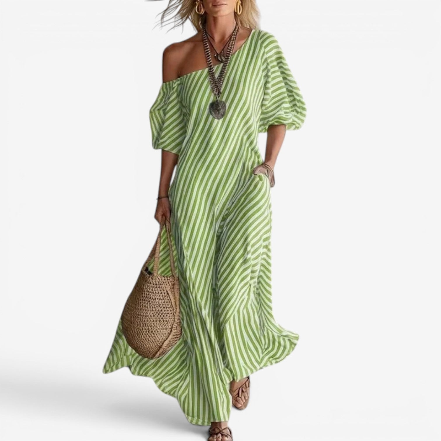 Inoni | Damen Off-Shoulder Gestreiftes Maxikleid